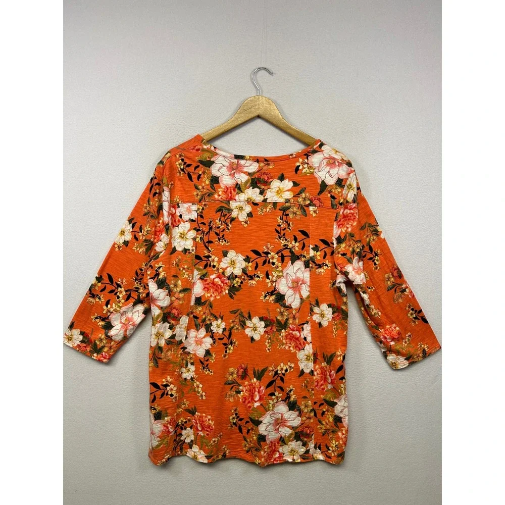 Chico's Floral Botanical Orange Womens XL 3/4 Sleeve V-Neck Slub Knit Top
